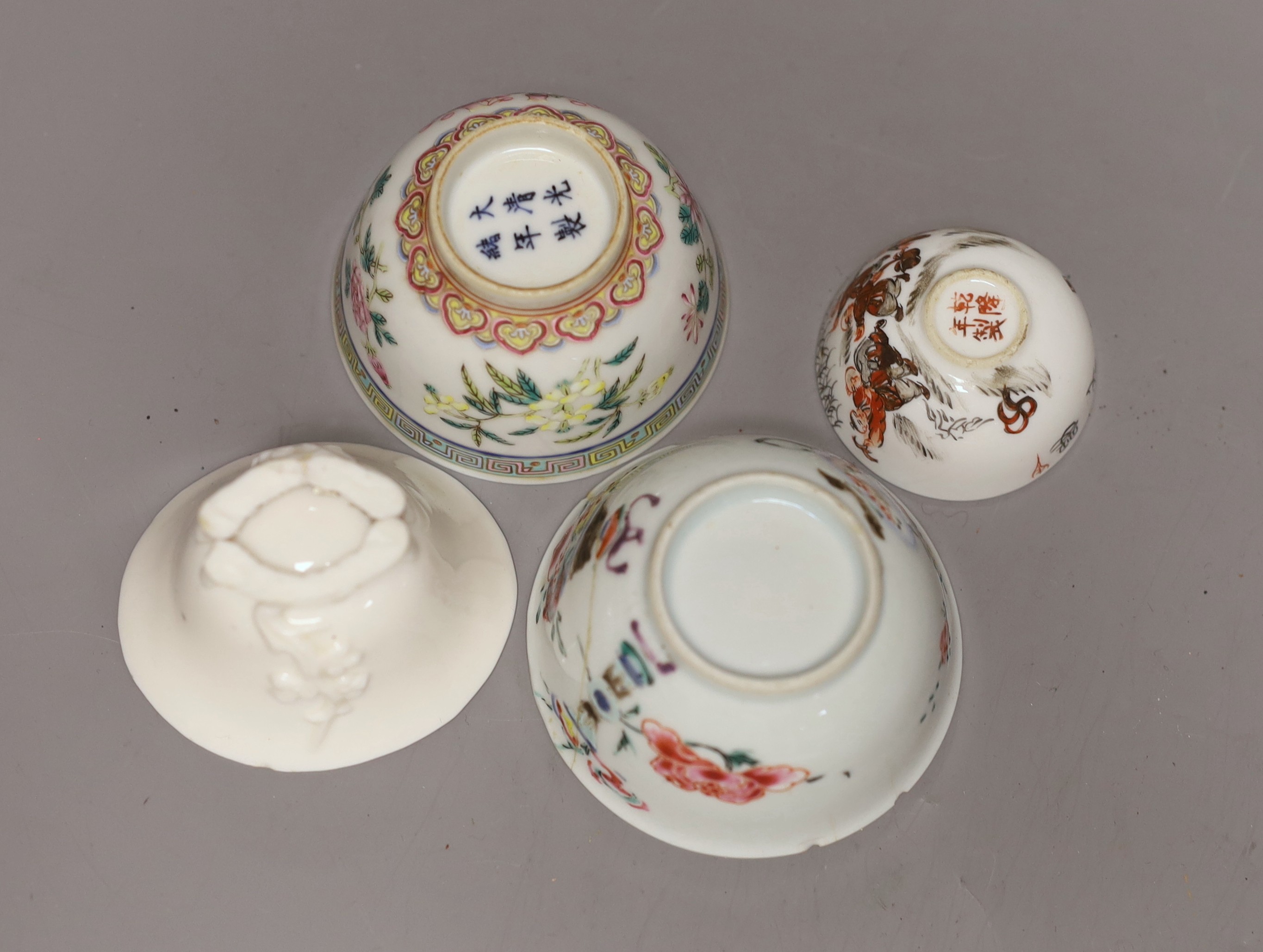 A Chinese Dehua libation cup, eight 18th century and later Chinese porcelain tea bowls and a Kutani tea bowl